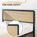 oho Struttura letto in stile con testiera in rattan, Struttura letto a piattaforma con robusto supporto a doghe in metallo, Non necessita di rete a molle, Nero e Rovere