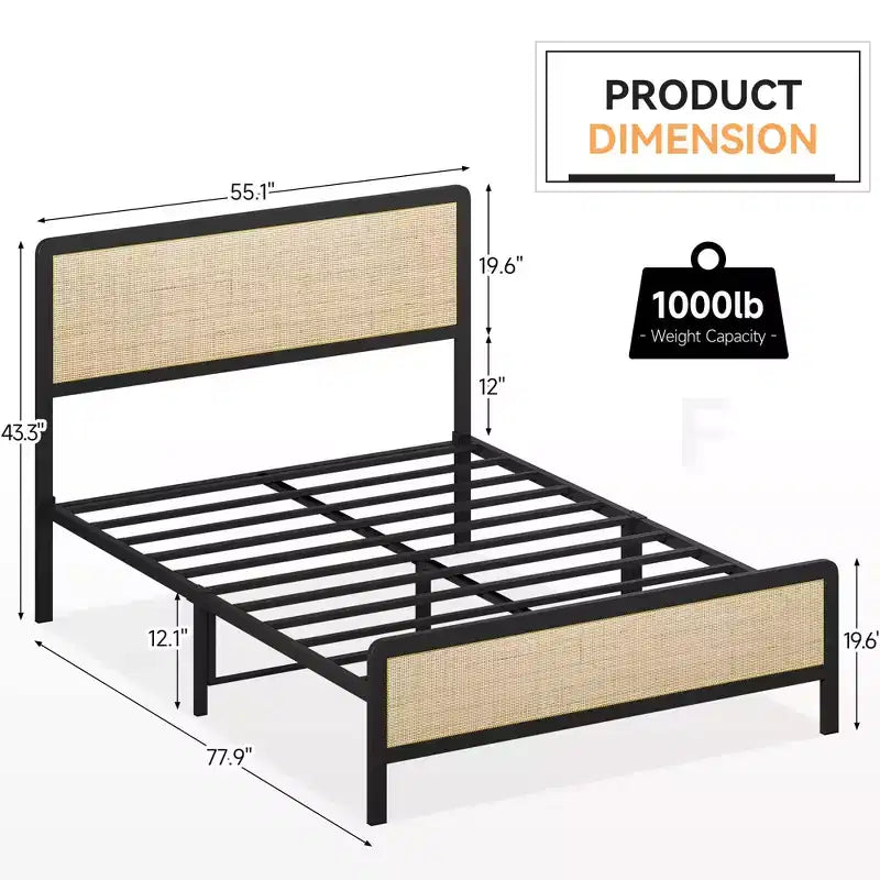 oho Struttura letto in stile con testiera in rattan, Struttura letto a piattaforma con robusto supporto a doghe in metallo, Non necessita di rete a molle, Nero e Rovere