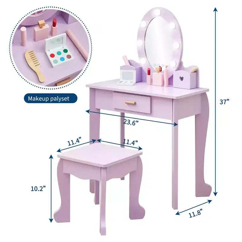 Set da toeletta per bambini con specchio e luce, tavolo da trucco e sgabello per bambine, set da toeletta e sedia con playset trucco in legno per bambine dai 4 ai 9 anni