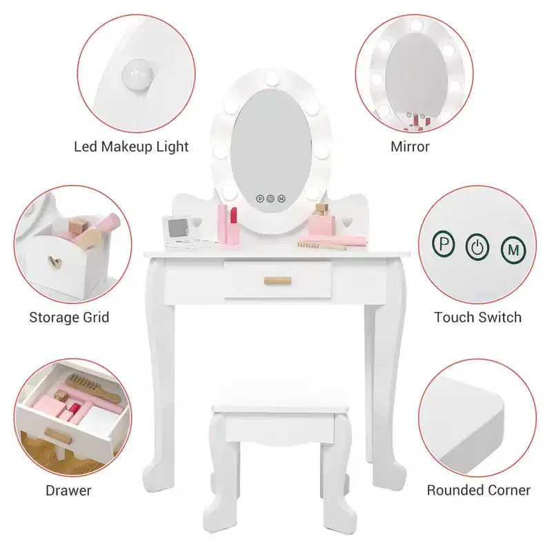 Set da toeletta per bambini con specchio e luce, tavolo da trucco e sgabello per bambine, set da toeletta e sedia con playset trucco in legno per bambine dai 4 ai 9 anni