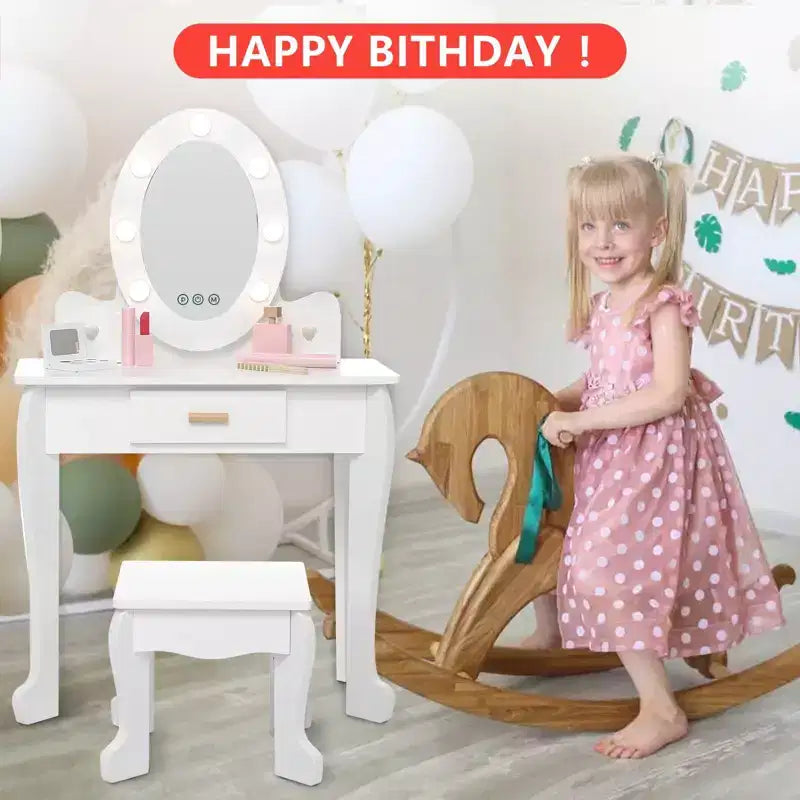 Set da toeletta per bambini con specchio e luce, tavolo da trucco e sgabello per bambine, set da toeletta e sedia con playset trucco in legno per bambine dai 4 ai 9 anni
