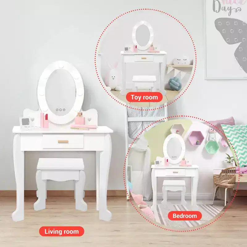 Set da toeletta per bambini con specchio e luce, tavolo da trucco e sgabello per bambine, set da toeletta e sedia con playset trucco in legno per bambine dai 4 ai 9 anni