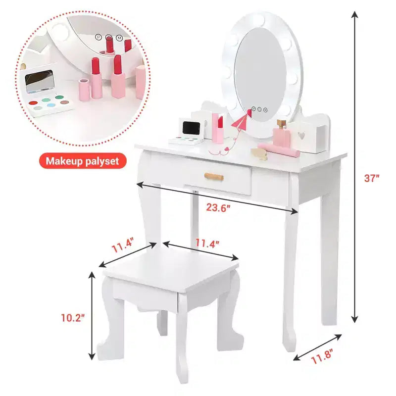 Set da toeletta per bambini con specchio e luce, tavolo da trucco e sgabello per bambine, set da toeletta e sedia con playset trucco in legno per bambine dai 4 ai 9 anni