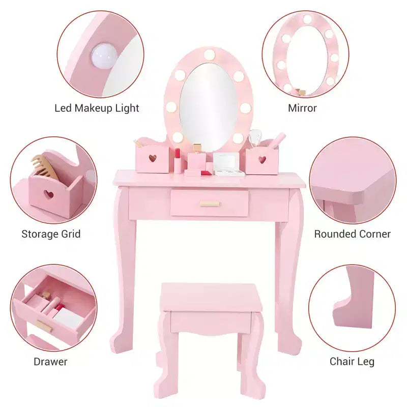 Set da toeletta per bambini con specchio e luce, tavolo da trucco e sgabello per bambine, set da toeletta e sedia con playset trucco in legno per bambine dai 4 ai 9 anni