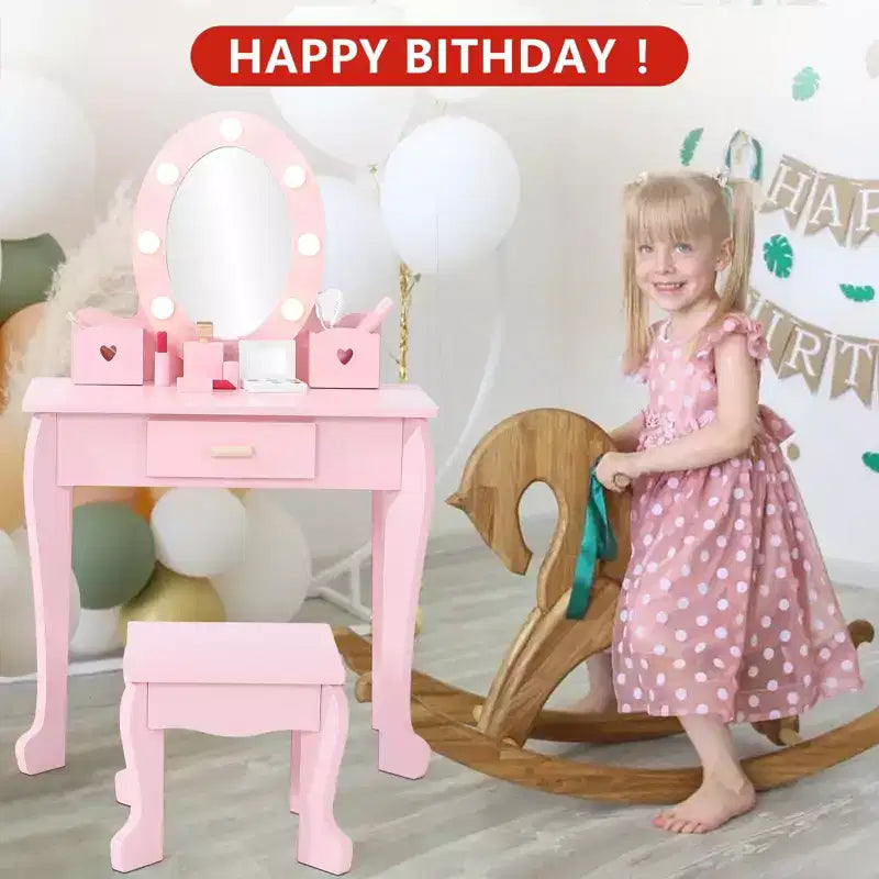 Set da toeletta per bambini con specchio e luce, tavolo da trucco e sgabello per bambine, set da toeletta e sedia con playset trucco in legno per bambine dai 4 ai 9 anni