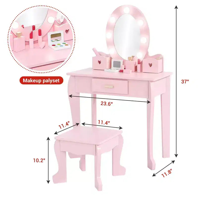 Set da toeletta per bambini con specchio e luce, tavolo da trucco e sgabello per bambine, set da toeletta e sedia con playset trucco in legno per bambine dai 4 ai 9 anni