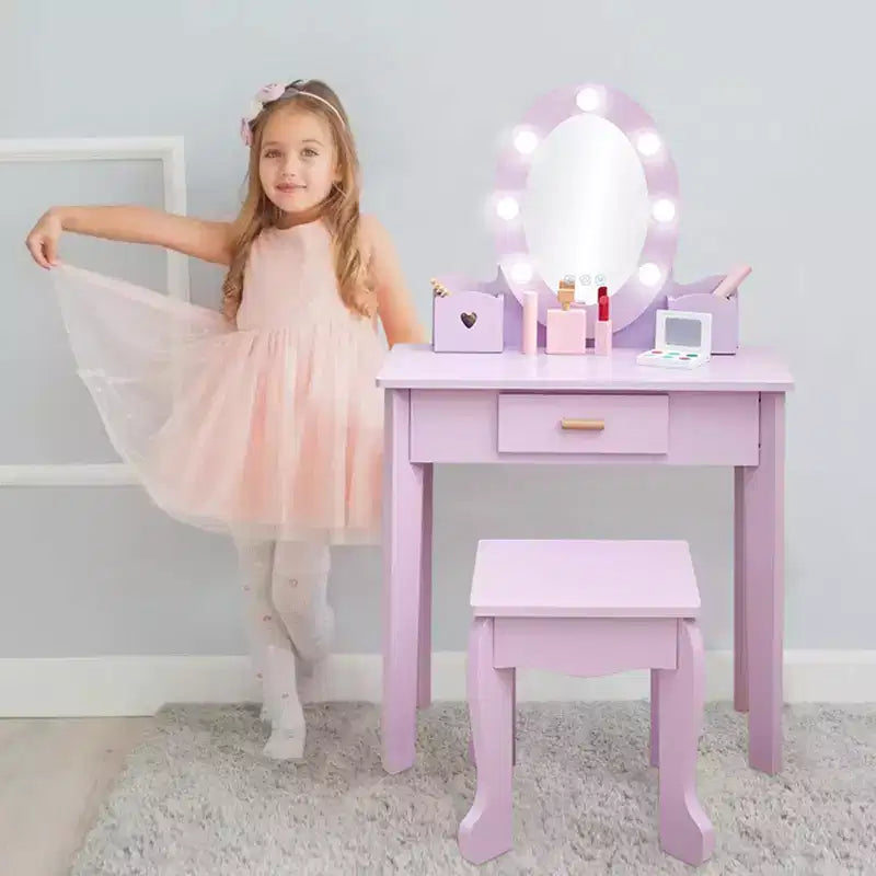 Set da toeletta per bambini con specchio e luce, tavolo da trucco e sgabello per bambine, set da toeletta e sedia con playset trucco in legno per bambine dai 4 ai 9 anni
