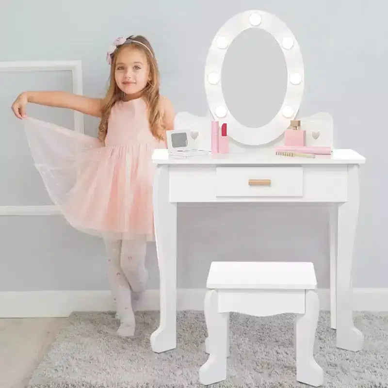 Set da toeletta per bambini con specchio e luce, tavolo da trucco e sgabello per bambine, set da toeletta e sedia con playset trucco in legno per bambine dai 4 ai 9 anni