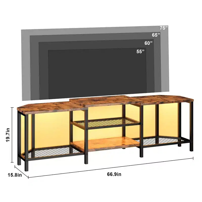 Mobile TV con quattro ripiani aperti, mobile angolare per l'intrattenimento con prese di corrente, mobile multimediale con illuminazione a LED per il soggiorno