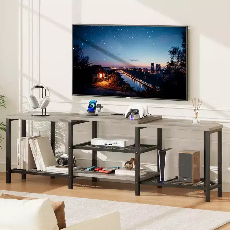 Mobile TV con quattro ripiani aperti, mobile angolare per l'intrattenimento con prese di corrente, mobile multimediale con illuminazione a LED per il soggiorno