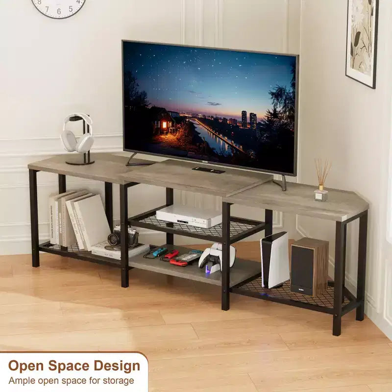 Mobile TV con quattro ripiani aperti, mobile angolare per l'intrattenimento con prese di corrente, mobile multimediale con illuminazione a LED per il soggiorno