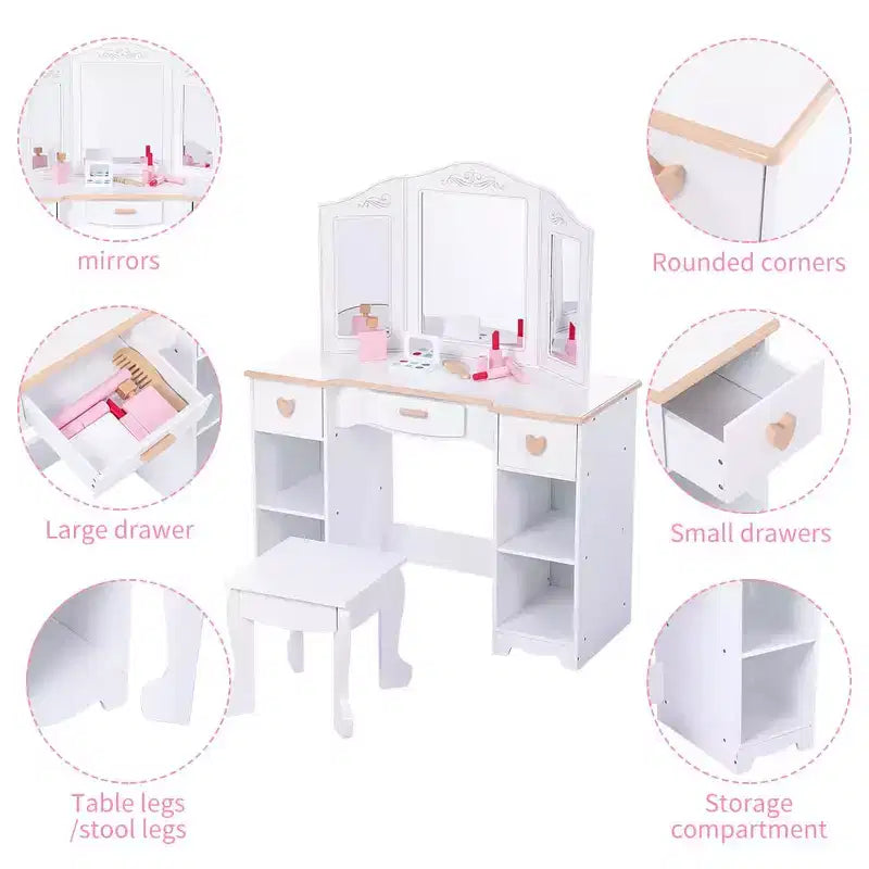 Set toeletta per bambini con specchio e cassetto - Set tavolo da trucco e sedia per bambine con set da gioco in legno per il trucco, perfetto per 3-9 anni