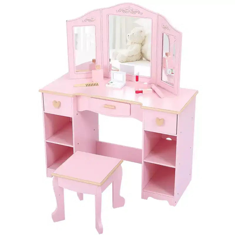 Set toeletta per bambini con specchio e cassetto - Set tavolo da trucco e sedia per bambine con set da gioco in legno per il trucco, perfetto per 3-9 anni