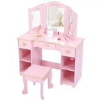 Set toeletta per bambini con specchio e cassetto - Set tavolo da trucco e sedia per bambine con set da gioco in legno per il trucco, perfetto per 3-9 anni