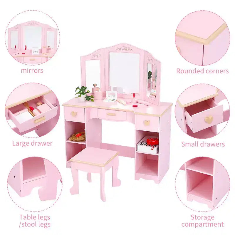 Set toeletta per bambini con specchio e cassetto - Set tavolo da trucco e sedia per bambine con set da gioco in legno per il trucco, perfetto per 3-9 anni