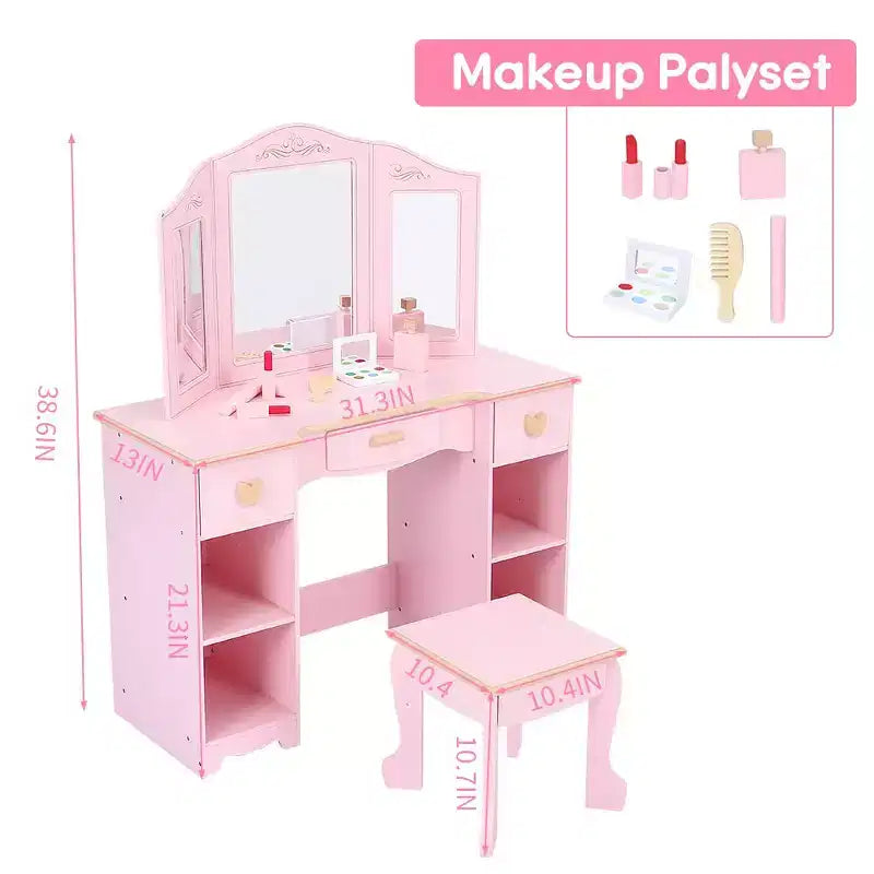 Set toeletta per bambini con specchio e cassetto - Set tavolo da trucco e sedia per bambine con set da gioco in legno per il trucco, perfetto per 3-9 anni