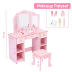 Set toeletta per bambini con specchio e cassetto - Set tavolo da trucco e sedia per bambine con set da gioco in legno per il trucco, perfetto per 3-9 anni