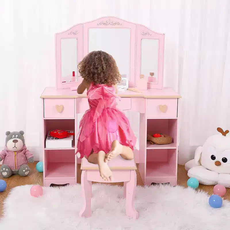 Set toeletta per bambini con specchio e cassetto - Set tavolo da trucco e sedia per bambine con set da gioco in legno per il trucco, perfetto per 3-9 anni