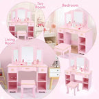 Set toeletta per bambini con specchio e cassetto - Set tavolo da trucco e sedia per bambine con set da gioco in legno per il trucco, perfetto per 3-9 anni
