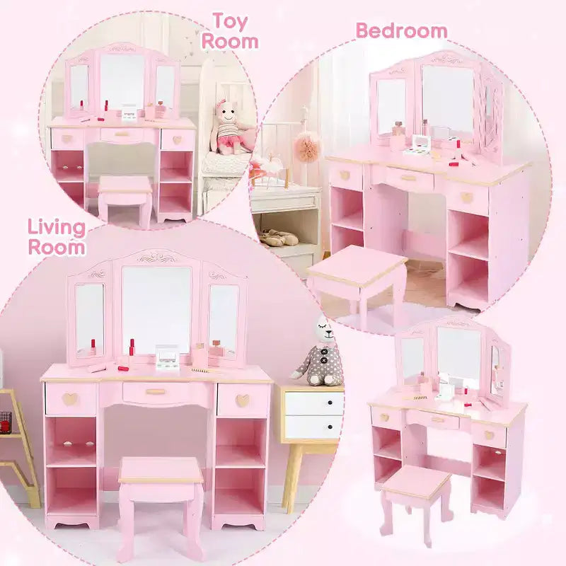 Set toeletta per bambini con specchio e cassetto - Set tavolo da trucco e sedia per bambine con set da gioco in legno per il trucco, perfetto per 3-9 anni
