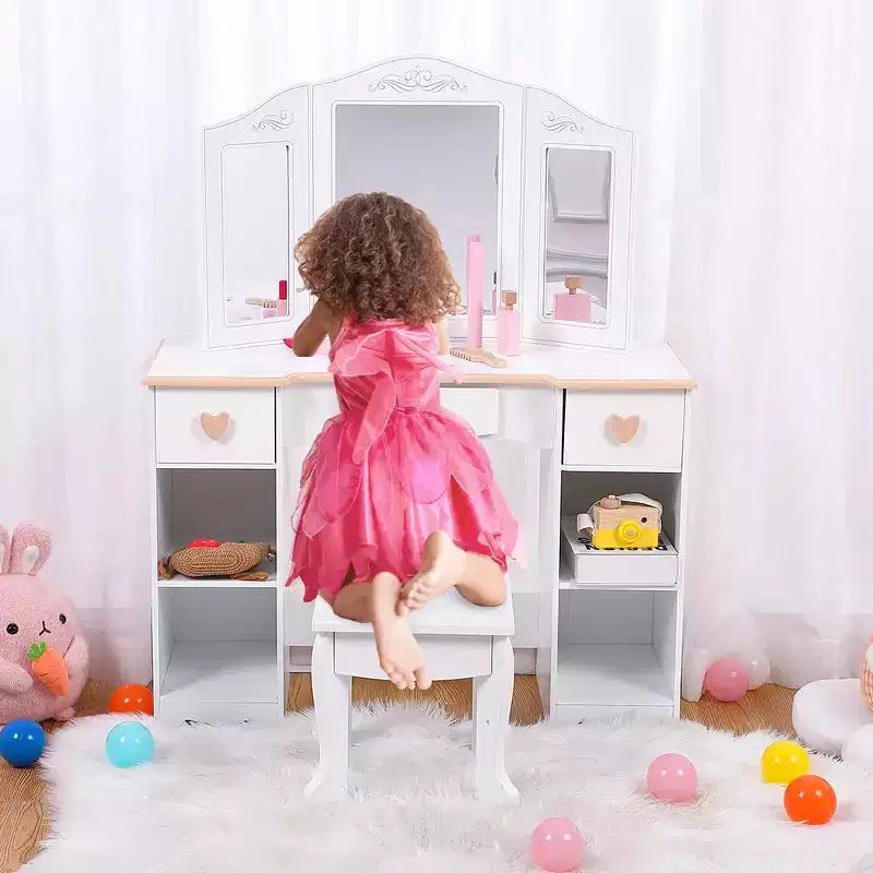 Set toeletta per bambini con specchio e cassetto - Set tavolo da trucco e sedia per bambine con set da gioco in legno per il trucco, perfetto per 3-9 anni