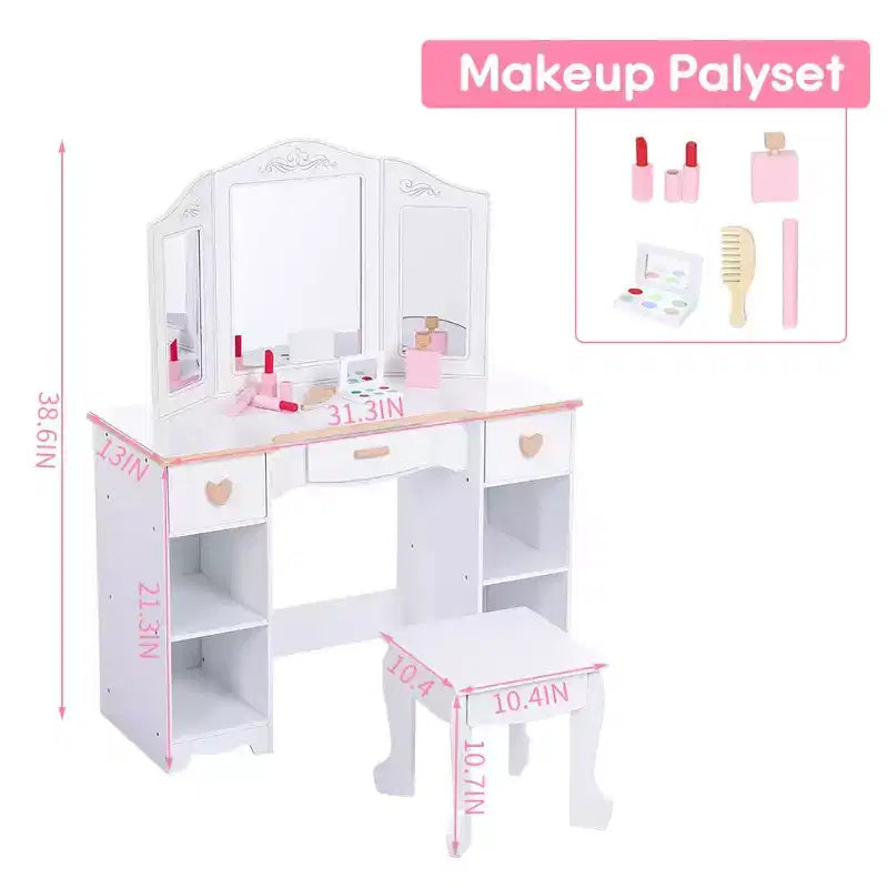 Set toeletta per bambini con specchio e cassetto - Set tavolo da trucco e sedia per bambine con set da gioco in legno per il trucco, perfetto per 3-9 anni