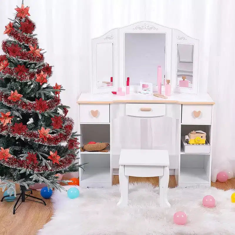 Set toeletta per bambini con specchio e cassetto - Set tavolo da trucco e sedia per bambine con set da gioco in legno per il trucco, perfetto per 3-9 anni