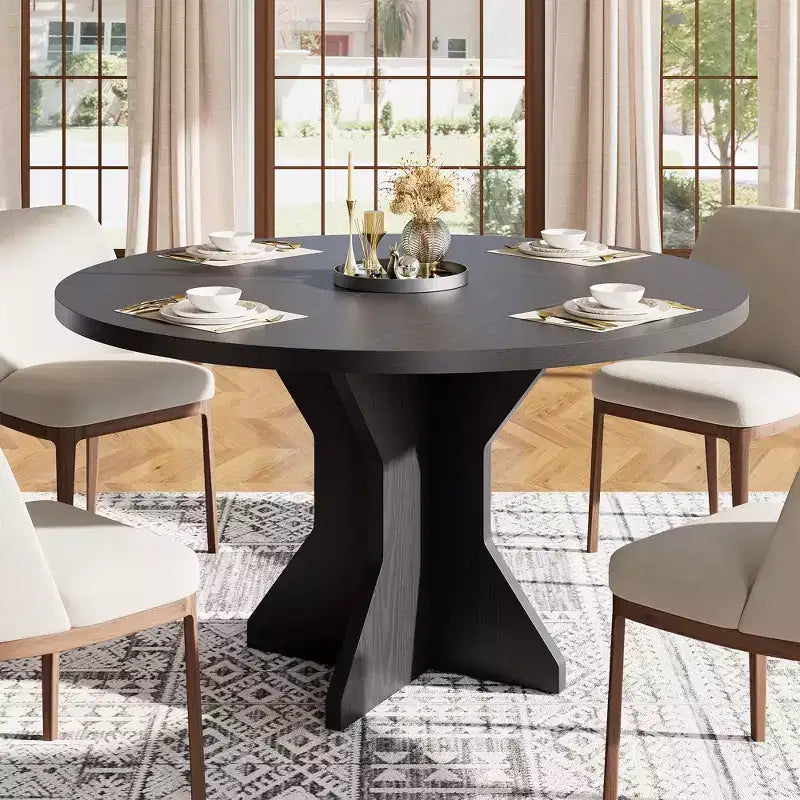 Tavolo da pranzo rotondo da 47" per spazi ridotti - Nero, 4-6 posti, base K-Leg in legno massello