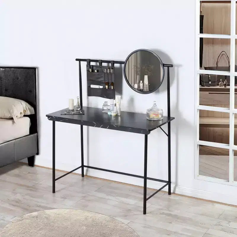 Mobile Toeletta FurnitureR con Specchio Circolare Rimovibile, Tavolo da Trucco Semplice, Scrivania Multifunzione per Camera da Letto, Nero