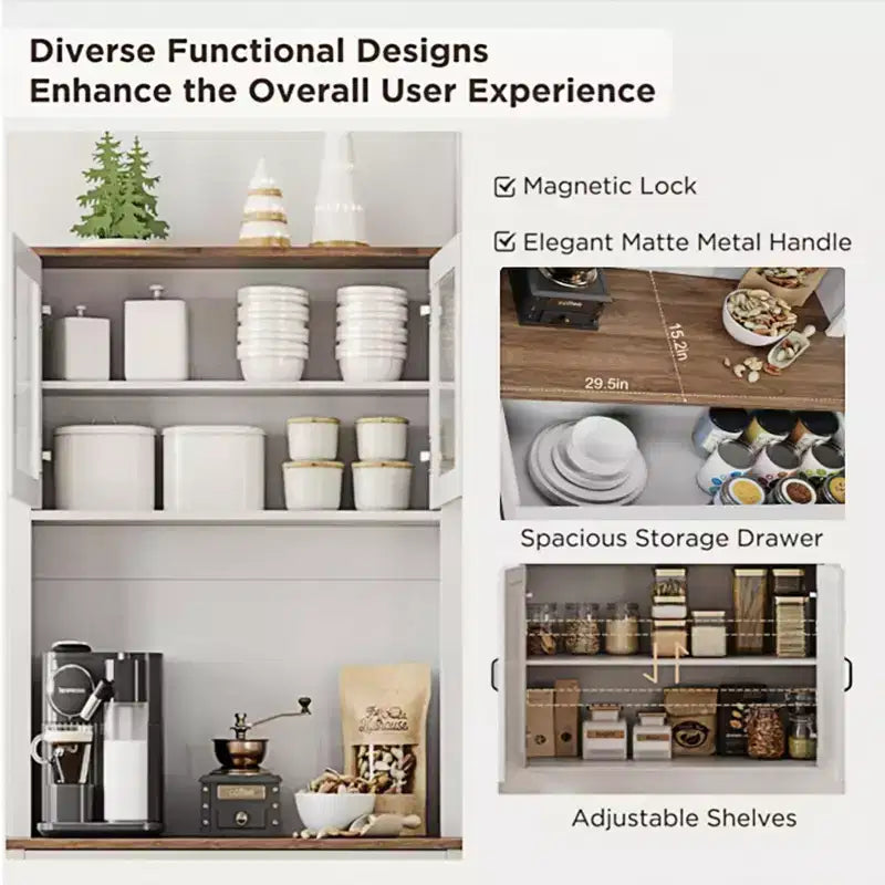 GustoWave Armadietto Dispensa da Cucina 71'' con Ante in Vetro e Supporto per Microonde, Mobile Dispensa Alto Indipendente per Sala da Pranzo