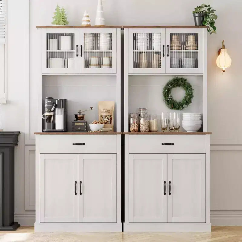 GustoWave Armadietto Dispensa da Cucina 71'' con Ante in Vetro e Supporto per Microonde, Mobile Dispensa Alto Indipendente per Sala da Pranzo