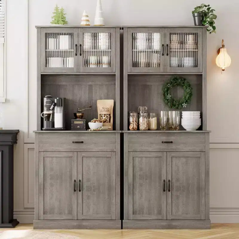 GustoWave Armadietto Dispensa da Cucina 71'' con Ante in Vetro e Supporto per Microonde, Mobile Dispensa Alto Indipendente per Sala da Pranzo