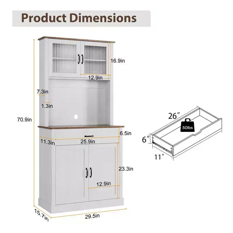 GustoWave Armadietto Dispensa da Cucina 71'' con Ante in Vetro e Supporto per Microonde, Mobile Dispensa Alto Indipendente per Sala da Pranzo