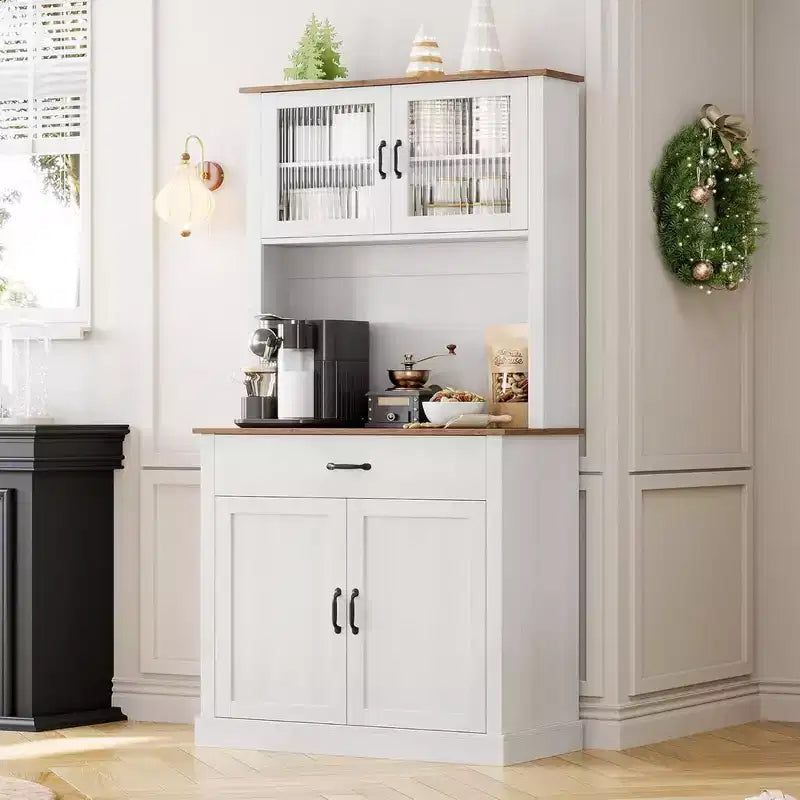 GustoWave Armadietto Dispensa da Cucina 71'' con Ante in Vetro e Supporto per Microonde, Mobile Dispensa Alto Indipendente per Sala da Pranzo