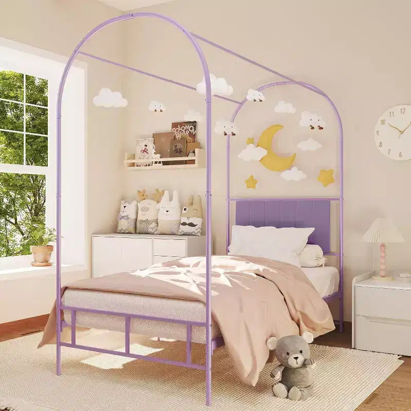 COZONY Struttura Letto Singolo con Testiera Imbottita, Letto a Piattaforma in Metallo con Design ad Arco e Spazio di Archiviazione Sotto il Letto, Nessuna Rete a Molle Necessaria