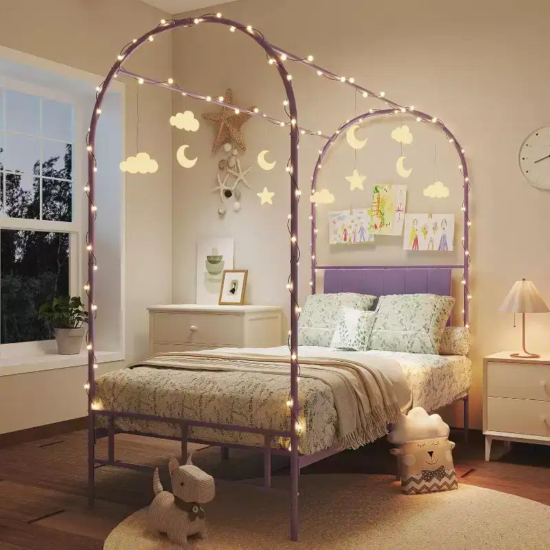 COZONY Struttura Letto Singolo con Testiera Imbottita, Letto a Piattaforma in Metallo con Design ad Arco e Spazio di Archiviazione Sotto il Letto, Nessuna Rete a Molle Necessaria