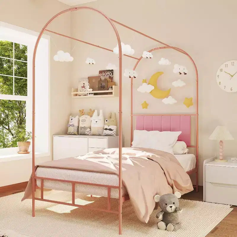 COZONY Struttura Letto Singolo con Testiera Imbottita, Letto a Piattaforma in Metallo con Design ad Arco e Spazio di Archiviazione Sotto il Letto, Nessuna Rete a Molle Necessaria