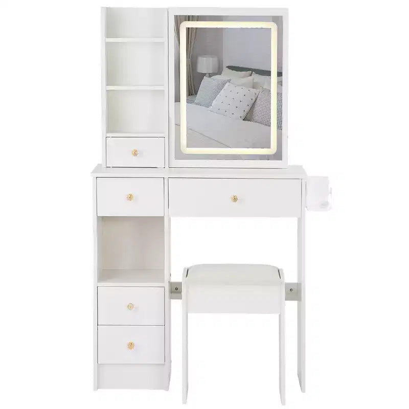 Set da toeletta con prese, specchio LED con luci regolabili a 3 colori, 5 cassetti e sgabello imbottito per camera da letto.