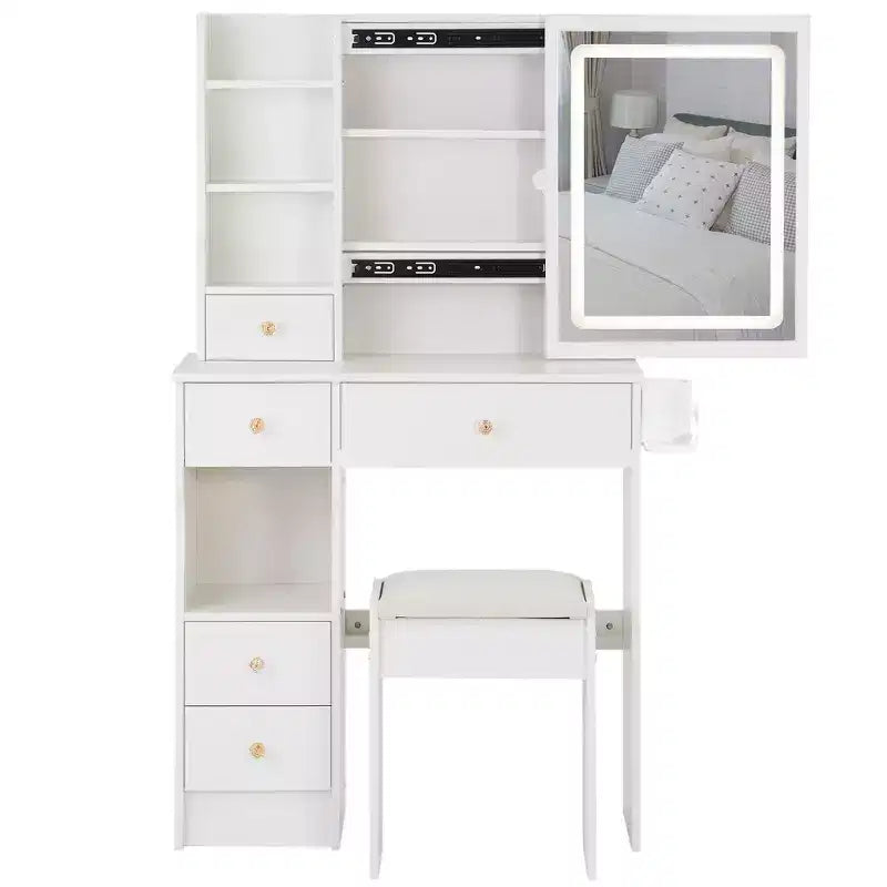 Set da toeletta con prese, specchio LED con luci regolabili a 3 colori, 5 cassetti e sgabello imbottito per camera da letto.