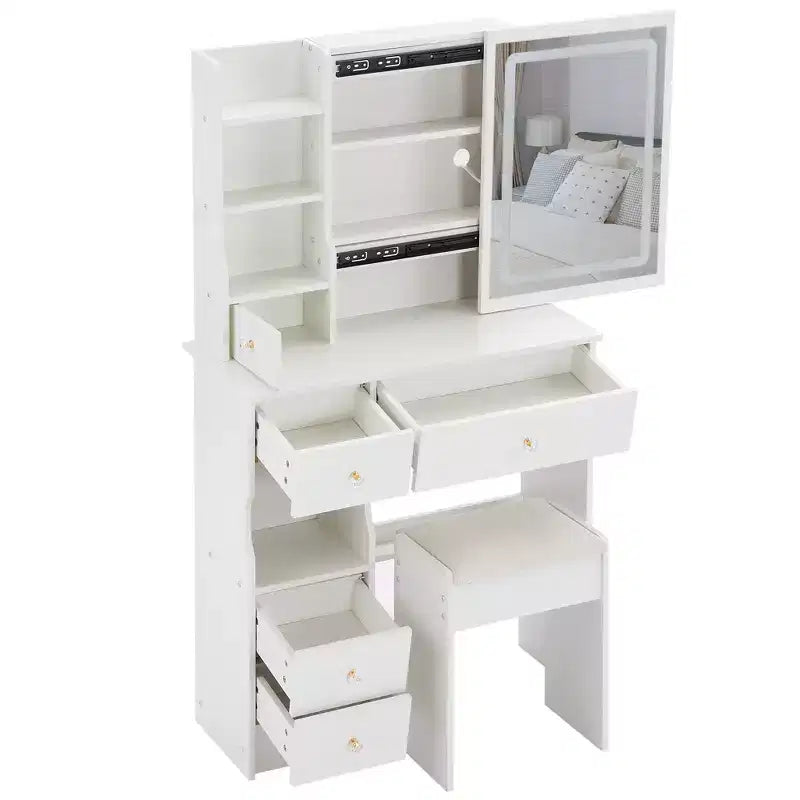 Set da toeletta con prese, specchio LED con luci regolabili a 3 colori, 5 cassetti e sgabello imbottito per camera da letto.
