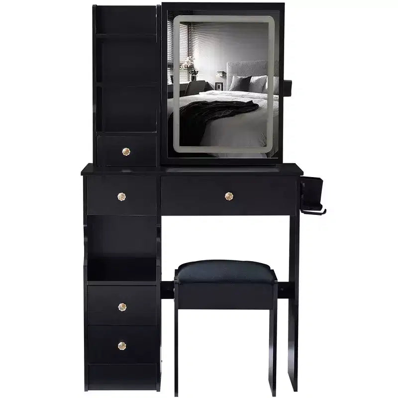 Set da toeletta con prese, specchio LED con luci regolabili a 3 colori, 5 cassetti e sgabello imbottito per camera da letto.