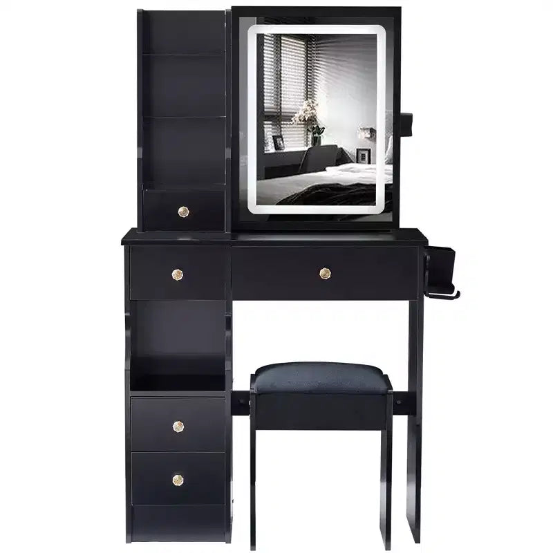 Set da toeletta con prese, specchio LED con luci regolabili a 3 colori, 5 cassetti e sgabello imbottito per camera da letto.