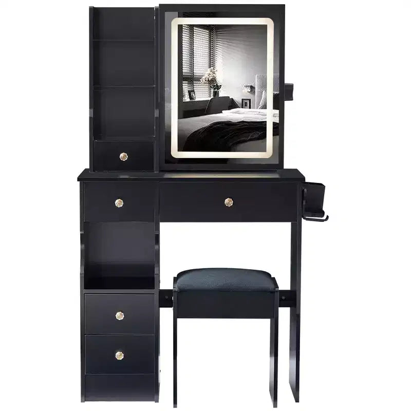 Set da toeletta con prese, specchio LED con luci regolabili a 3 colori, 5 cassetti e sgabello imbottito per camera da letto.