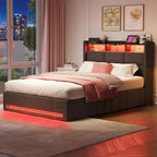 Letto contenitore imbottito Greenstell con luci a LED e stazione di ricarica, letto a piattaforma moderno, robuste doghe in legno