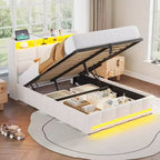 Letto contenitore imbottito Greenstell con luci a LED e stazione di ricarica, letto a piattaforma moderno, robuste doghe in legno