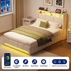 Letto contenitore imbottito Greenstell con luci a LED e stazione di ricarica, letto a piattaforma moderno, robuste doghe in legno