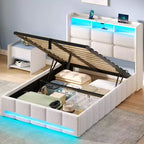 Letto contenitore imbottito Greenstell con luci a LED e stazione di ricarica, letto a piattaforma moderno, robuste doghe in legno