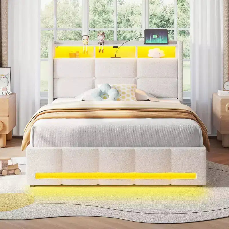 Letto contenitore imbottito Greenstell con luci a LED e stazione di ricarica, letto a piattaforma moderno, robuste doghe in legno