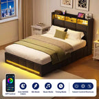 Letto contenitore imbottito Greenstell con luci a LED e stazione di ricarica, letto a piattaforma moderno, robuste doghe in legno