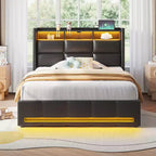 Letto contenitore imbottito Greenstell con luci a LED e stazione di ricarica, letto a piattaforma moderno, robuste doghe in legno